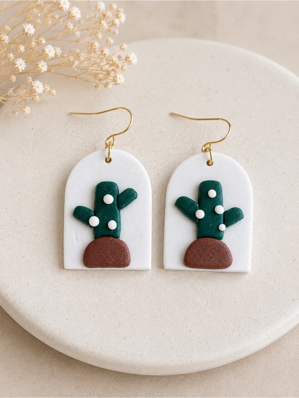 Green Cactus Arch Drop Earrings with White Backing